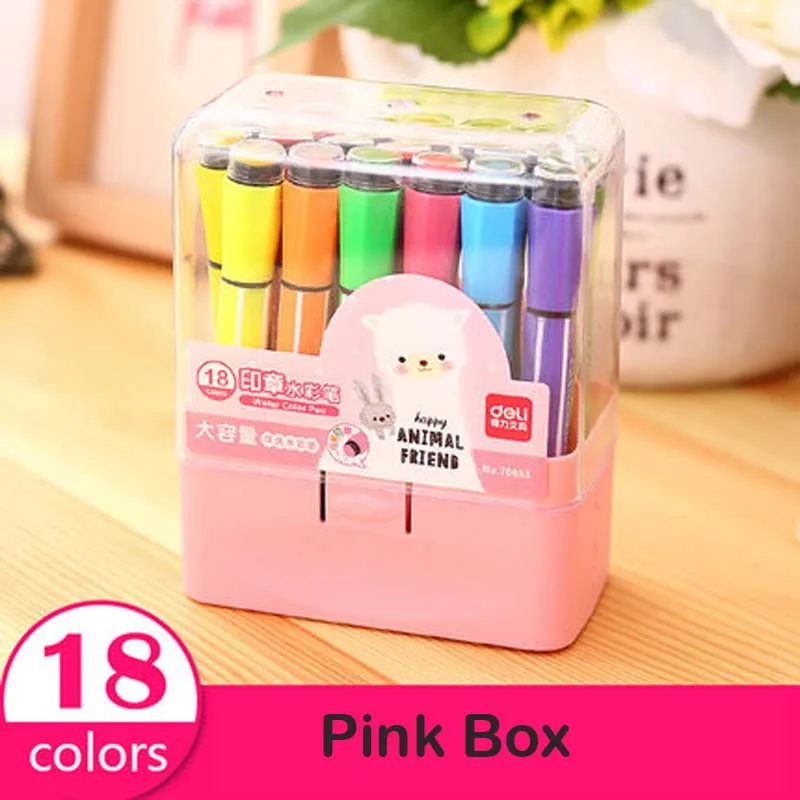 18 colors Pink Box 1 комплект с двойной головкой, детские моющиеся акварельные ручки с принтом, подарок на день рождения, вечерние украшения - Цвет: 18 colors Pink Box