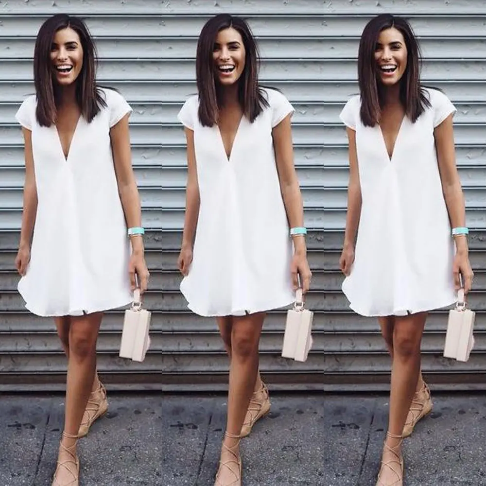 T Shirt Dress Mini White Black Streetwear Robe V Neck Vestidos Mujer 2019 Casual Zomer Jurk Ete Femme Solid Clothes | Женская одежда