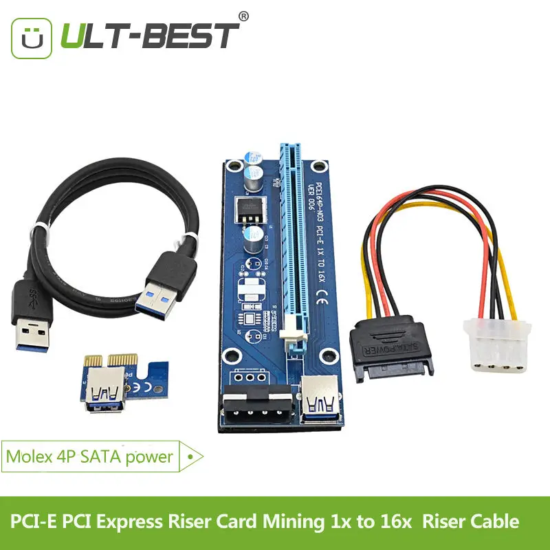 ULT Best 5 шт. PCI E Express Riser Card Mining 1x к 16x USB 3 0 кабель SATA 4Pin IDE Molex источник питания для BTC Miner|