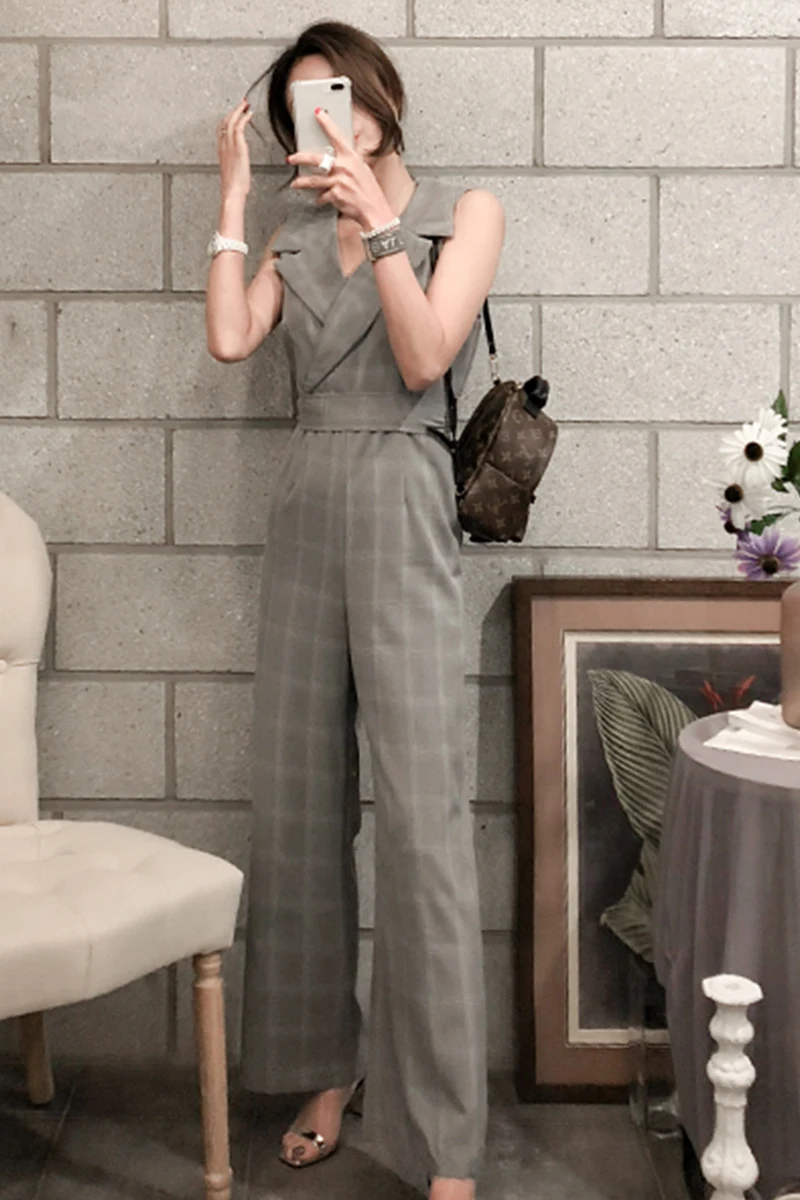 

Elegant Plaid Sexy Rompers Womens Jumpsuit Sleeveless V neck Casual Wide legs Jumpsuits Leotard Overalls Beach Boho Jumpsuit