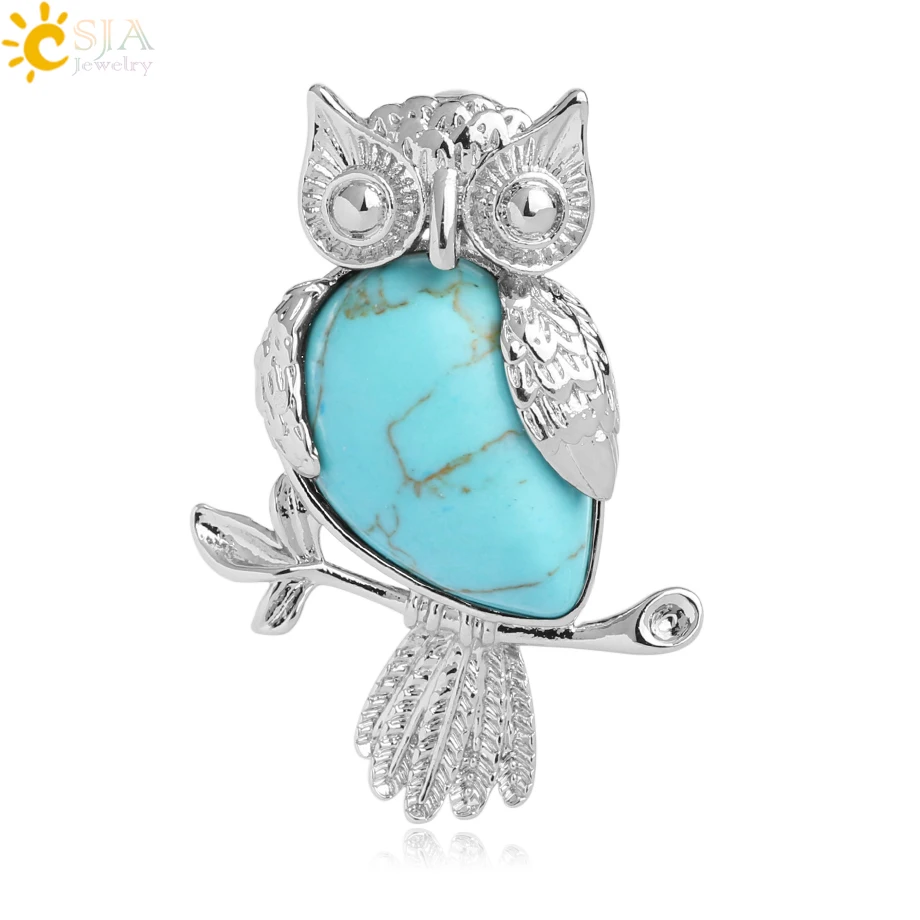 Turquoise CSJA животное сова кулон в форме капли воды в форме натуральный камень кварц кристалл серебряный цвет кулон для ожерелья для женщин мужчин ювелирные изделия G076 - Окраска металла: Turquoise