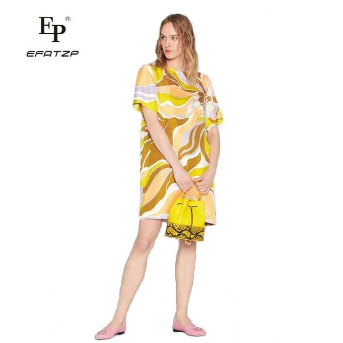 EFATZP New Fashion Printed Short Sleeve Colour-impact Elastic Knitted Slim Dress for Women | Женская одежда