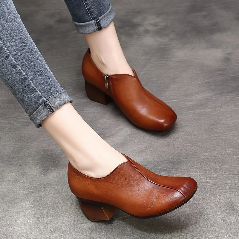 Женские кожаные ботильоны на высоком каблуке 5 см весенние туфли без застежки