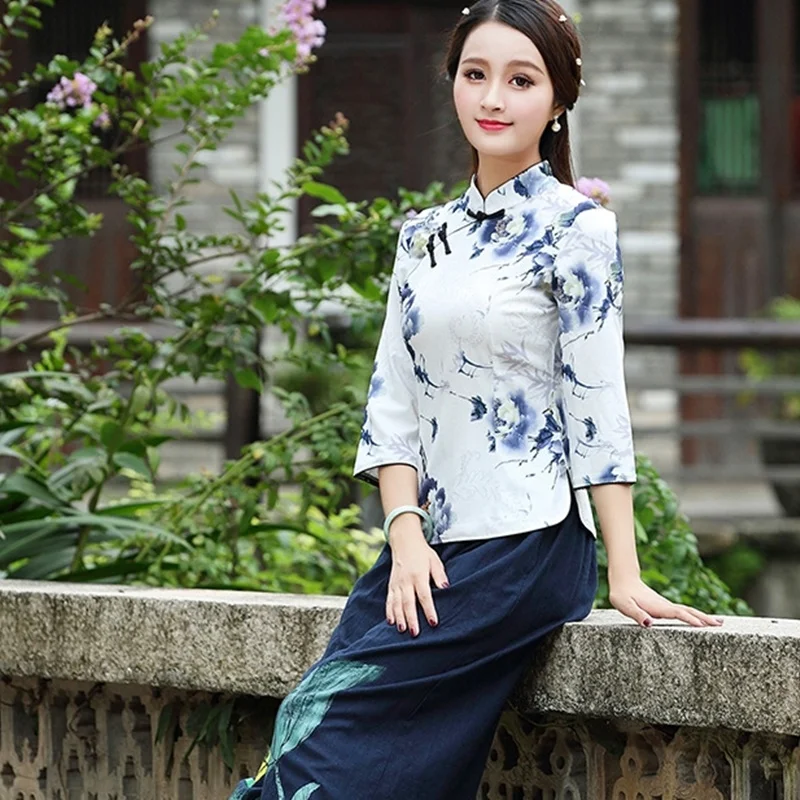 Китайские Топы Cheongsam для женщин весна лето Шанхай Тан одежда Женская Ретро винтажная рубашка женские китайские Топы TA1525