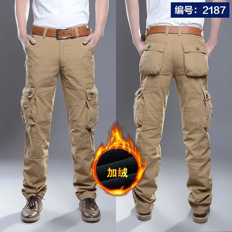 2187 khaki Мужские зимние толстые флисовые термо мульти-карманные комбинезоны брюки для спорта на открытом воздухе тренировочные походные альпинистские теплые дышащие брюки - Цвет: 2187 khaki