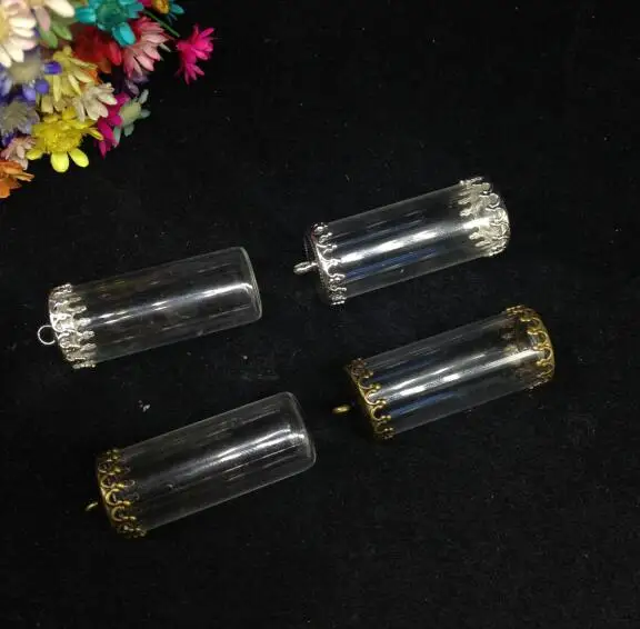 5pcs 28*12mm open jars tube shape glass vial pendant with crown tray glass wishing bottle necklace glass cover dome vase gifts