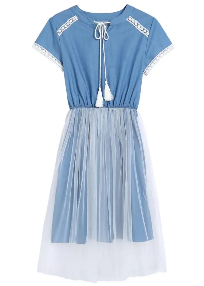 S-XXL Vintage Mori Girl Denim Stitching mesh dress female 2018 summer new short sleeve cotton blue slim was thin dressL810 | Женская