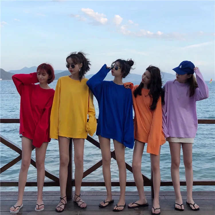 Футболки женские свободные однотонные Простые Модные Harajuku женские s o-образным вырезом корейские с длинным рукавом Студенческая мягкая одежда для отдыха различных цветов