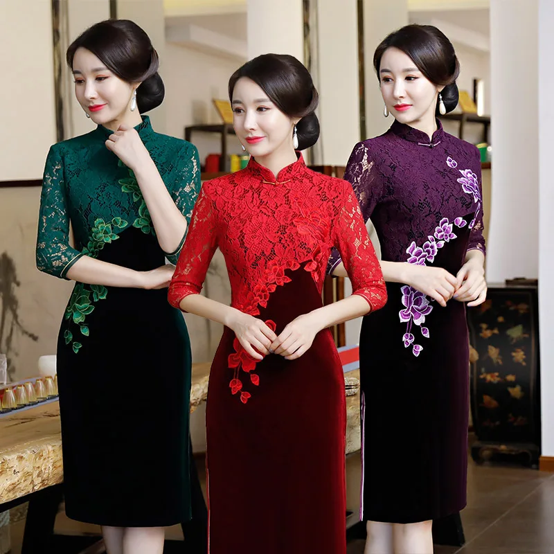 Cheongsam Винтаж китайский Стиль велюр кружевном платье женщина Qipao тонкий Платья для