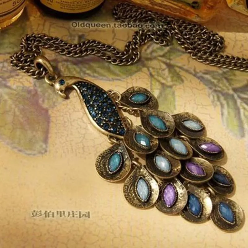 

Vintage Hot peacock necklace pendant Colorful Long Brincos Sweater Necklace Crystal Necklaces Jewelry Gift
