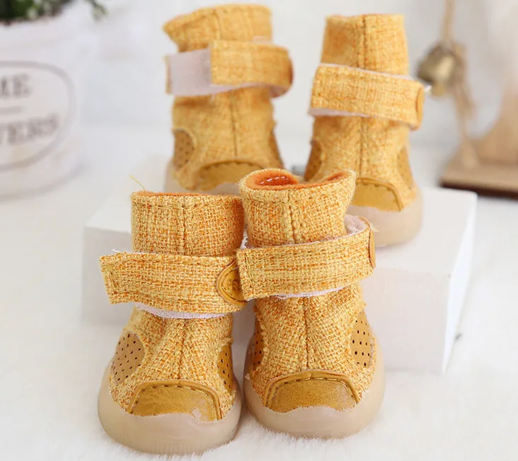 Льняные ботинки для домашних собак зимние сапоги Macaron Yorkie собака обувь дамские зимние ботинки Теплая Обувь для собак, Костюмы для собак Одежда 4 шт./компл - Цвет: Цвет: желтый