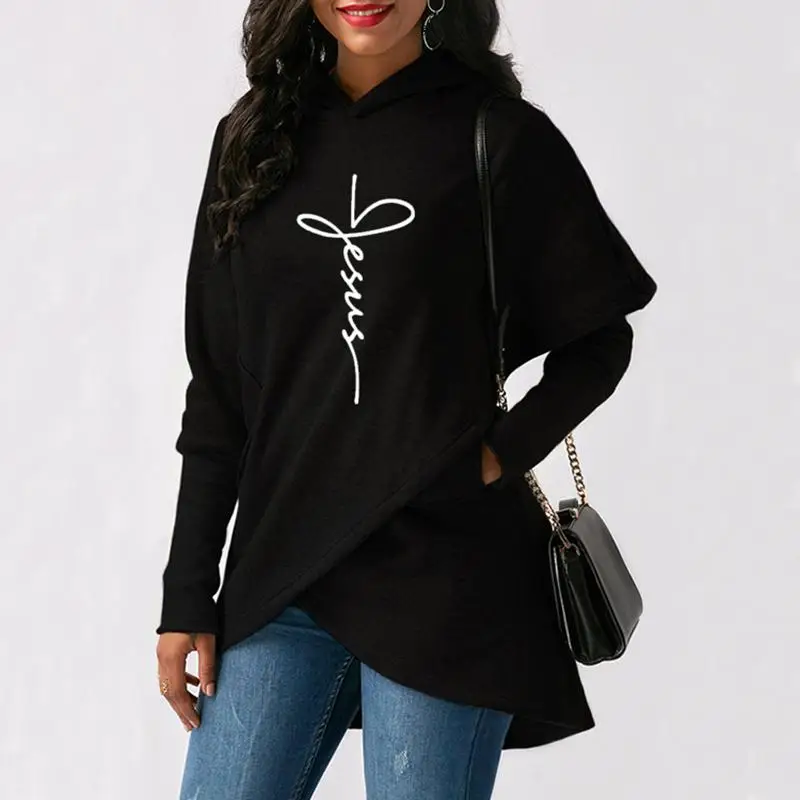 Осень-зима, женские толстовки с капюшоном, повседневные топы, пуловер с принтом вера в Иисуса, толстовка с капюшоном, теплая Рождественская Толстовка, кавайная толстовка, 5XL - Цвет: Black