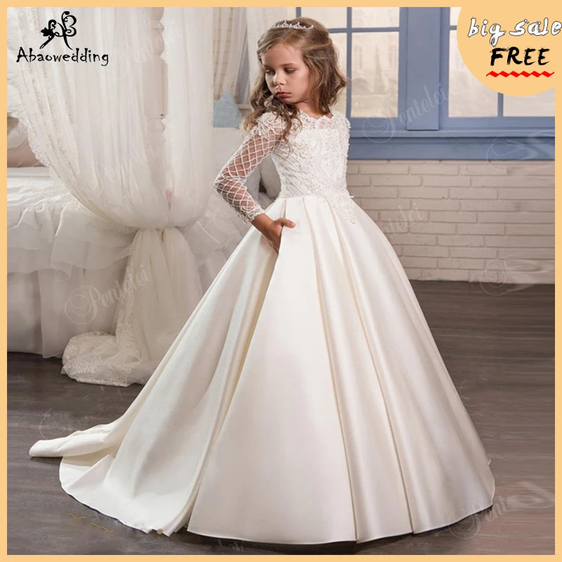 Pageant Dress Long Sleeves and Appliques Satin White Ivory Flower Girl Dresses For Wedding Custom Made New Arrival Hot