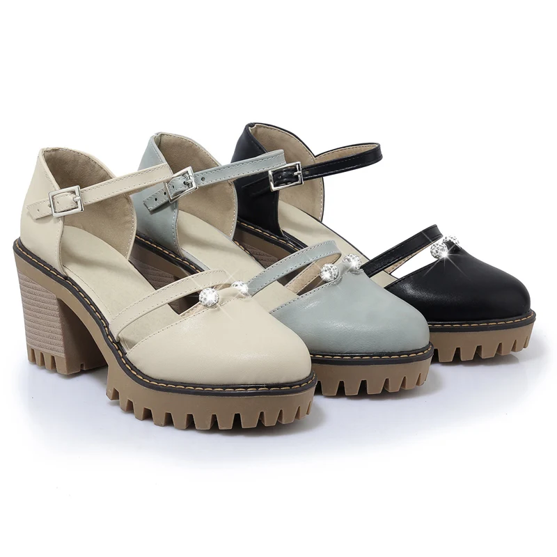 Классика Мода Лето Пряжка Ремень Обложка Каблук Круглая голова Высокие Каблуки