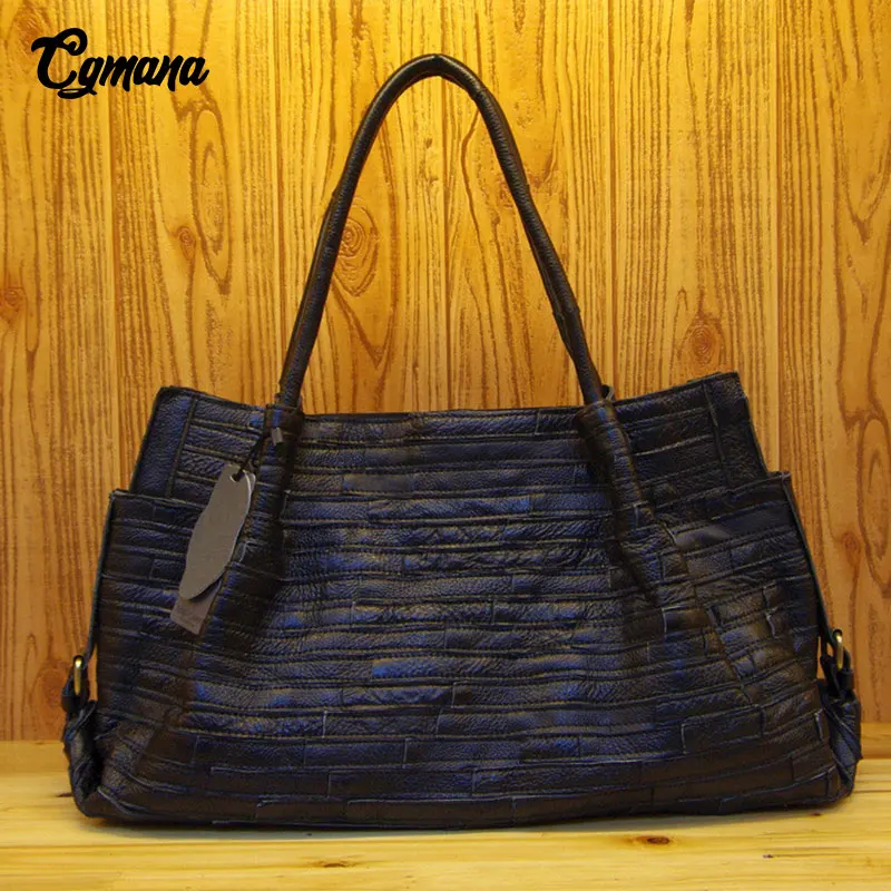 CGmana 100% Genuine Leather Women Handbag First Cowhide Fashion Striped Stitching Shoulder Bags Casual Tote | Багаж и сумки