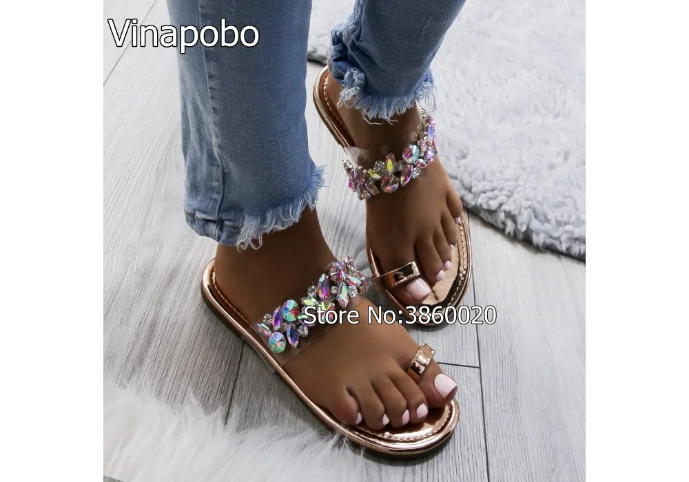 Vinapobo/модные женские шлепанцы; шикарные брендовые туфли; повседневная обувь на плоской подошве; шлепанцы без застежки; пляжные вьетнамки; сандалии со стразами