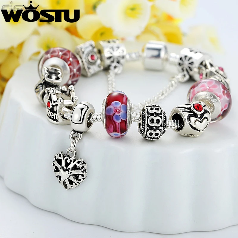 WOSTU Queen Jewelry Silver Charms Bracelet &amp Bangles With Crown Beads for Women SDP1823 | Украшения и аксессуары