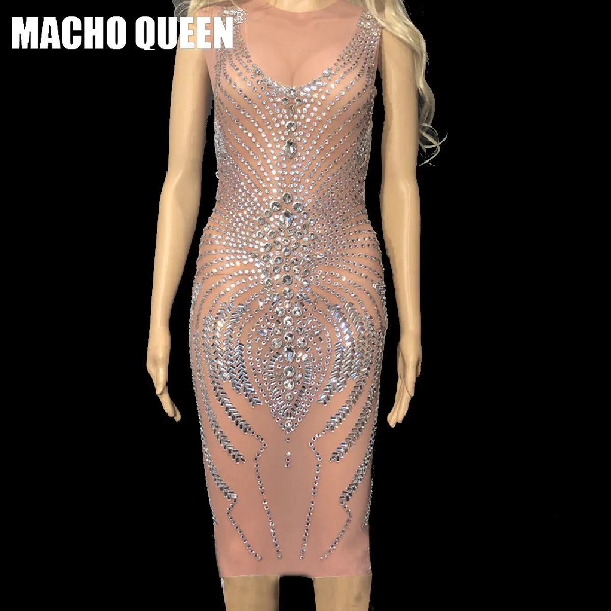 Блестящее обнаженное платье с перьями Стразы женское до пола со стразами костюм