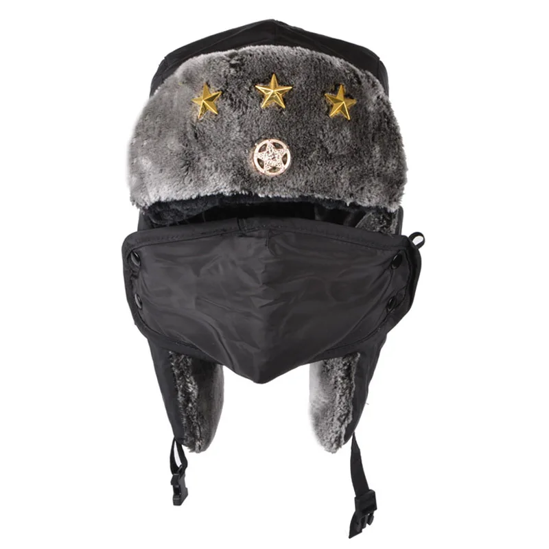 Зимняя шапка с ушами Авиатор Лейфенга Звезды, теплая шапка бомбера, мужская и женская, с костяной маской из хлопка и меха.