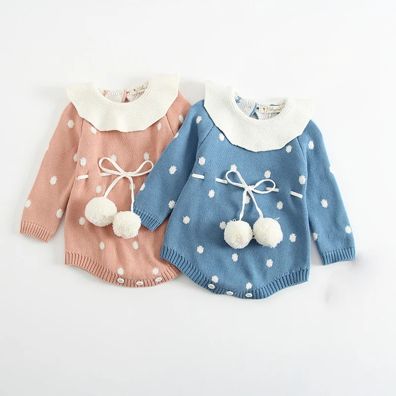 

Newborn Baby Girls Bodysuits Sweater Infants one-piece Pompom Jumper Cute Knitted Cotton Baby Jumpsuits RT005