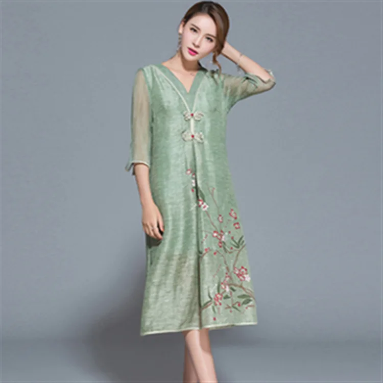 High Quality Silk Linen Dress Side Split Pocket Vestidos Plus Size Ethnic V Neck Button Floral Print Women Dresses | Женская одежда