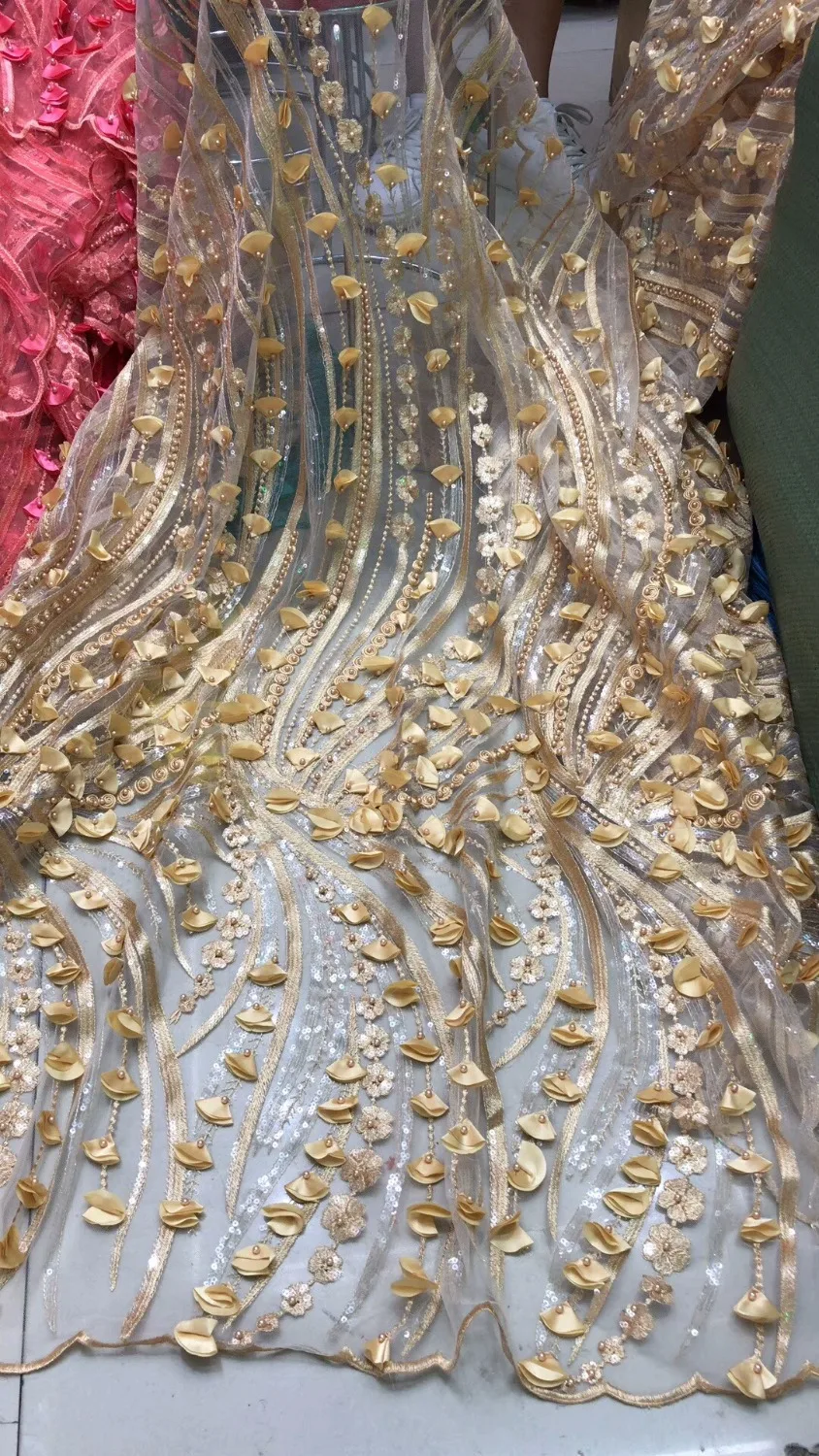 Yellow 3D Applique tulle french lace fabric beaded african nigerian fabrics for wedding party dress f10-12zj | Дом и сад