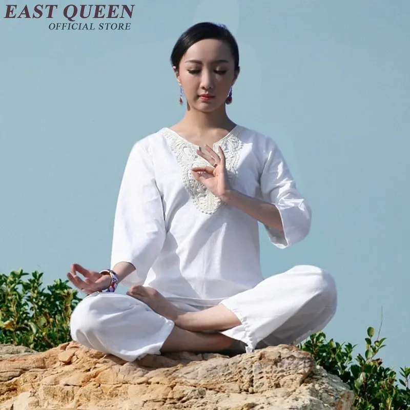 

Oriental style morning exercise two piece set soft cotton zen clothing patchwork lace homewear set pant and top AA2883 YQ