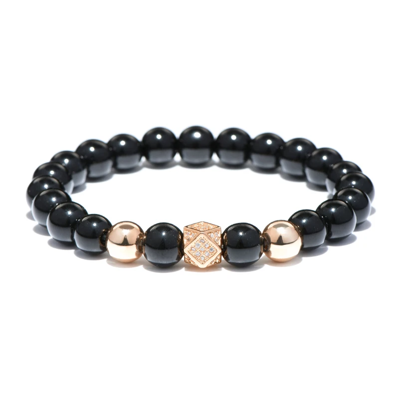 Rose Gold Noter, натуральный обсидиан, браслет для мужчин, роскошный, CZ, цирконий, нить, Braslet, крутые байкерские украшения, подарок для мужчин, браслет Heren - Окраска металла: Rose Gold