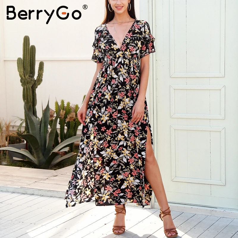 BerryGo длинное женское платье в стиле бохо с глубоким v-образным вырезом, Элегантное макси платье с разрезом и рюшами, vestidos, повседневное свободное пляжное летнее платье