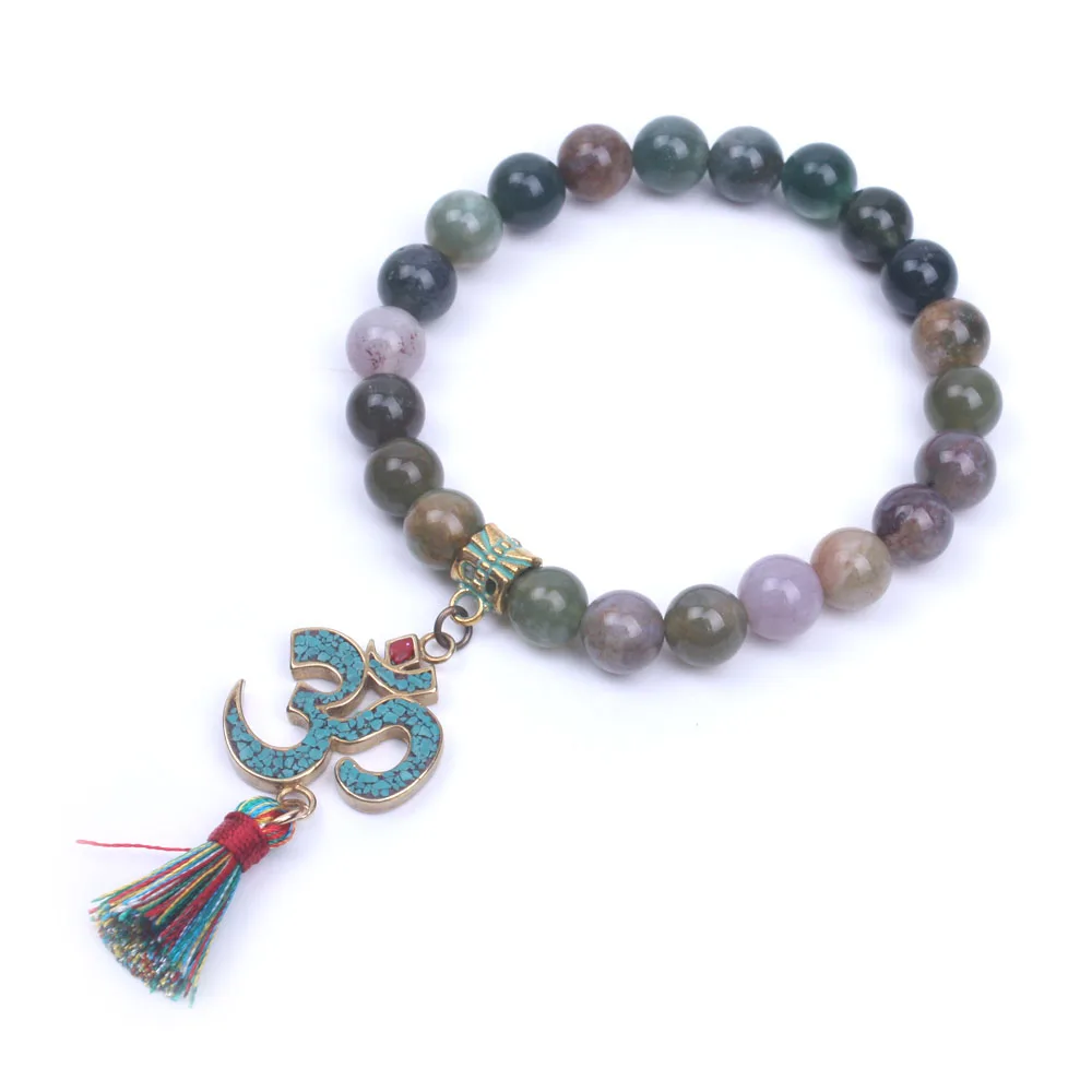 Indian agate Женский strand браслет оникс с Непалом Ом мини Браслет Йога натуральный камень Мала Браслет ювелирные изделия в стиле "Бохо" дропшиппинг - Окраска металла: Indian agate
