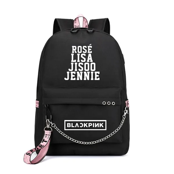 black Черный Розовый JISOO Роза Лиза рюкзак для путешествий зарядка через usb ноутбук рюкзак женский розовый рюкзак Холст Школьные сумки черный розовый Rugzak - Цвет: black