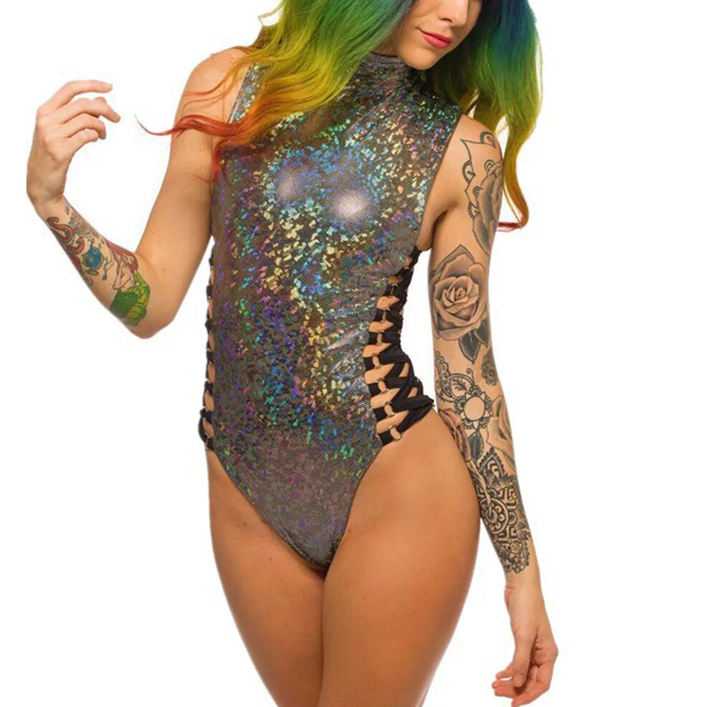 Сексуальный купальник женский цельный бикини с блестками комбинезон пуш ап