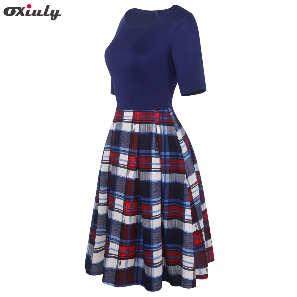 Винтажное платье Oxiuly с коротким рукавом и круглым вырезом Vestidos женское