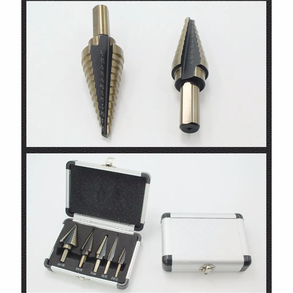 New Arrivals 5PCS HSS Large Hole Titanium Cone Step Drill Bit Cutter Set Tools Case Best Selling Dropshipping