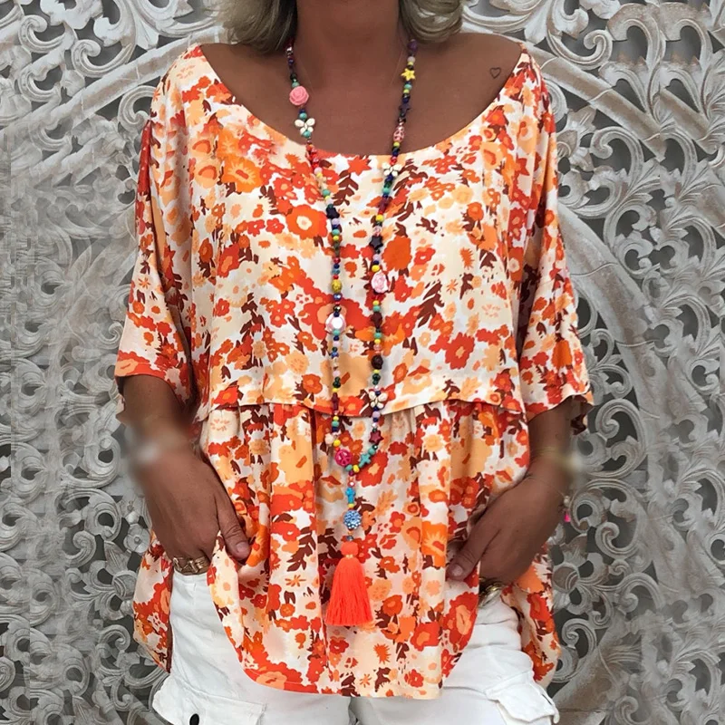 Summer Tops Casual Loose Beach Printed Shirt Round Neck Half Sleeve Women 2019 |