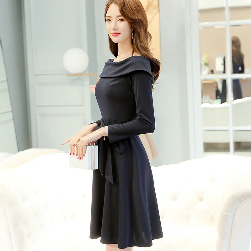 Женское свободное однотонное платье с одним словом и воротником в Корейском