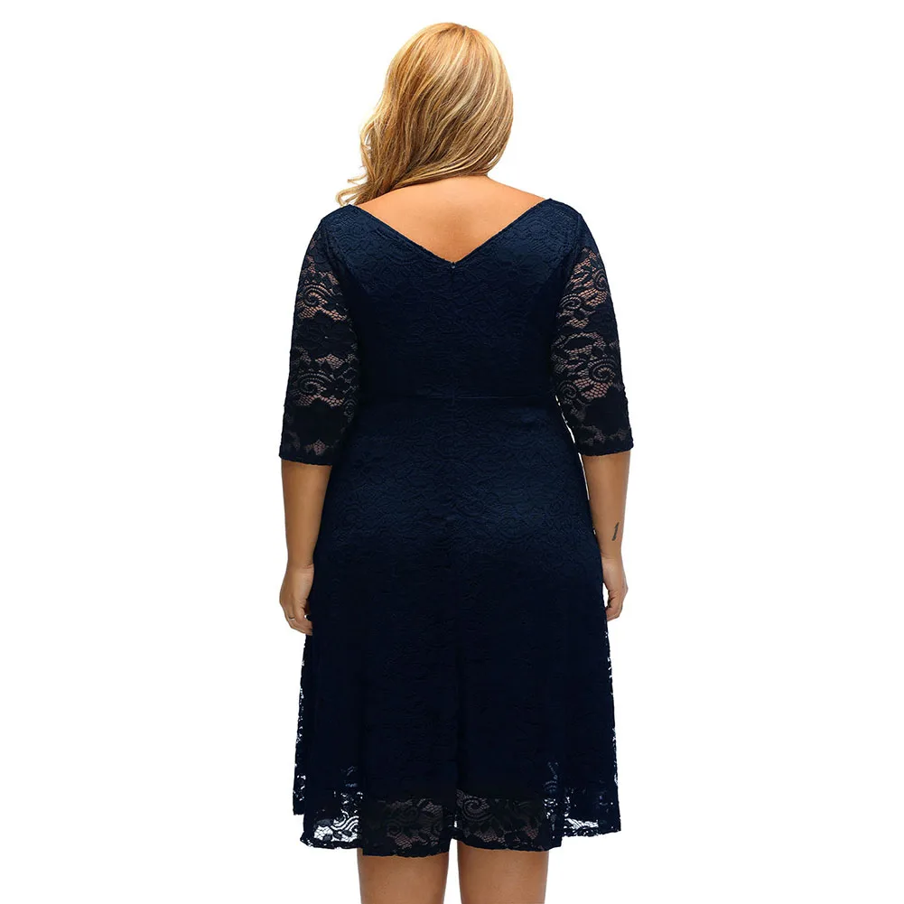 Платье женское кружевное ТРАПЕЦИЕВИДНОЕ до колена с цветочной талией V образным