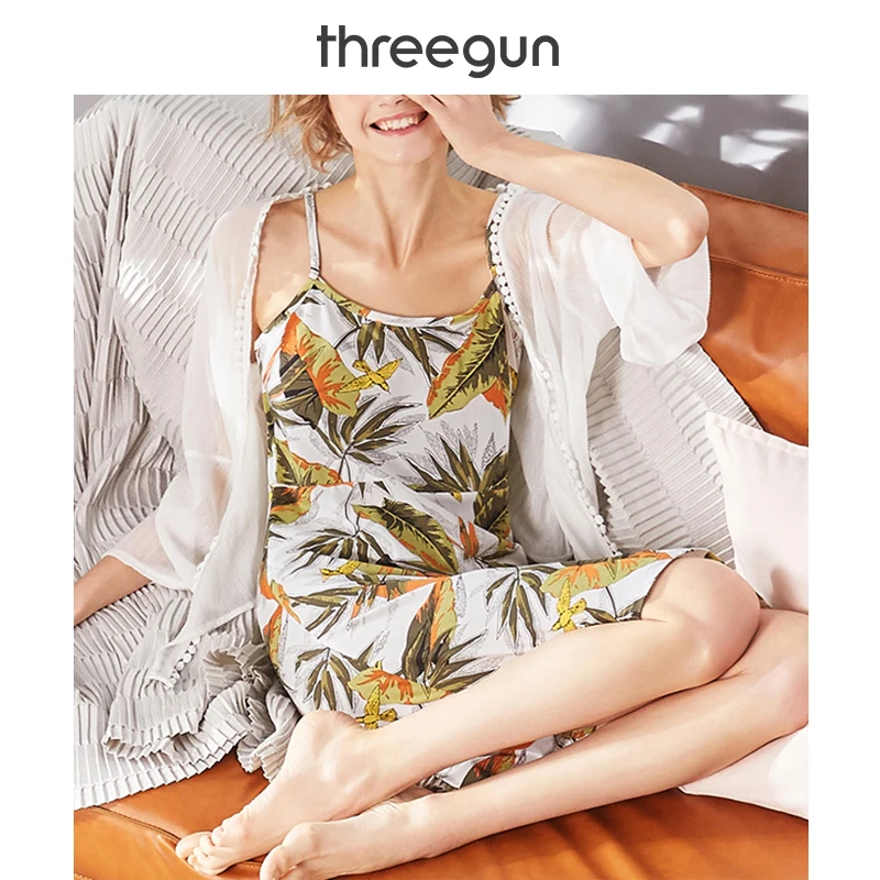 THREEGUN/Новинка 2019 ночная рубашка с принтом дышащая милая на бретельках платье для