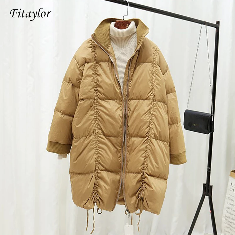 Fitaylor, женское длинное пальто,, зимнее теплое пальто, длинный рукав, белый утиный пух, парка, стоячий воротник, верхняя одежда, куртка, Повседневная пуховая одежда