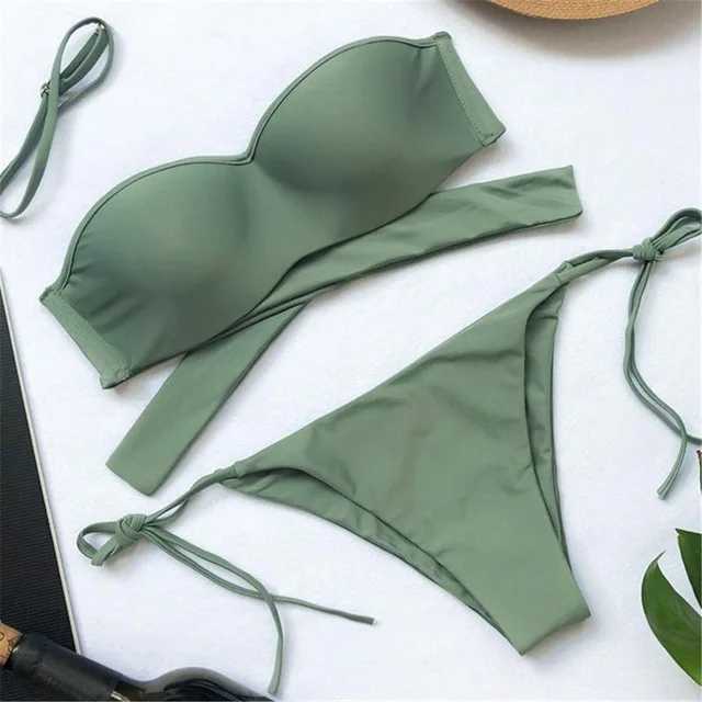 B223Green Бюстгальтер пуш-ап на косточках, бикини для маленькой груди, женский купальник с завязками, женский купальник, бандажный комплект бикини, бразильский купальник - Цвет: B223Green
