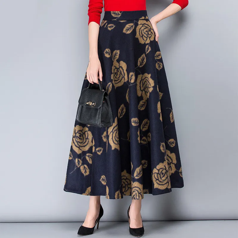 Осенне зимняя женская юбка с цветочным принтом шерстяная высокой талией Женская