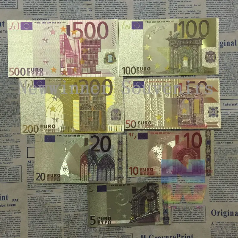 7 шт./компл. 7 различных конструкций euro Gold Фольга покрытием для банкнот 5 10 20 50 100 200 500 Бумага деньги Книги по искусству craft подарки