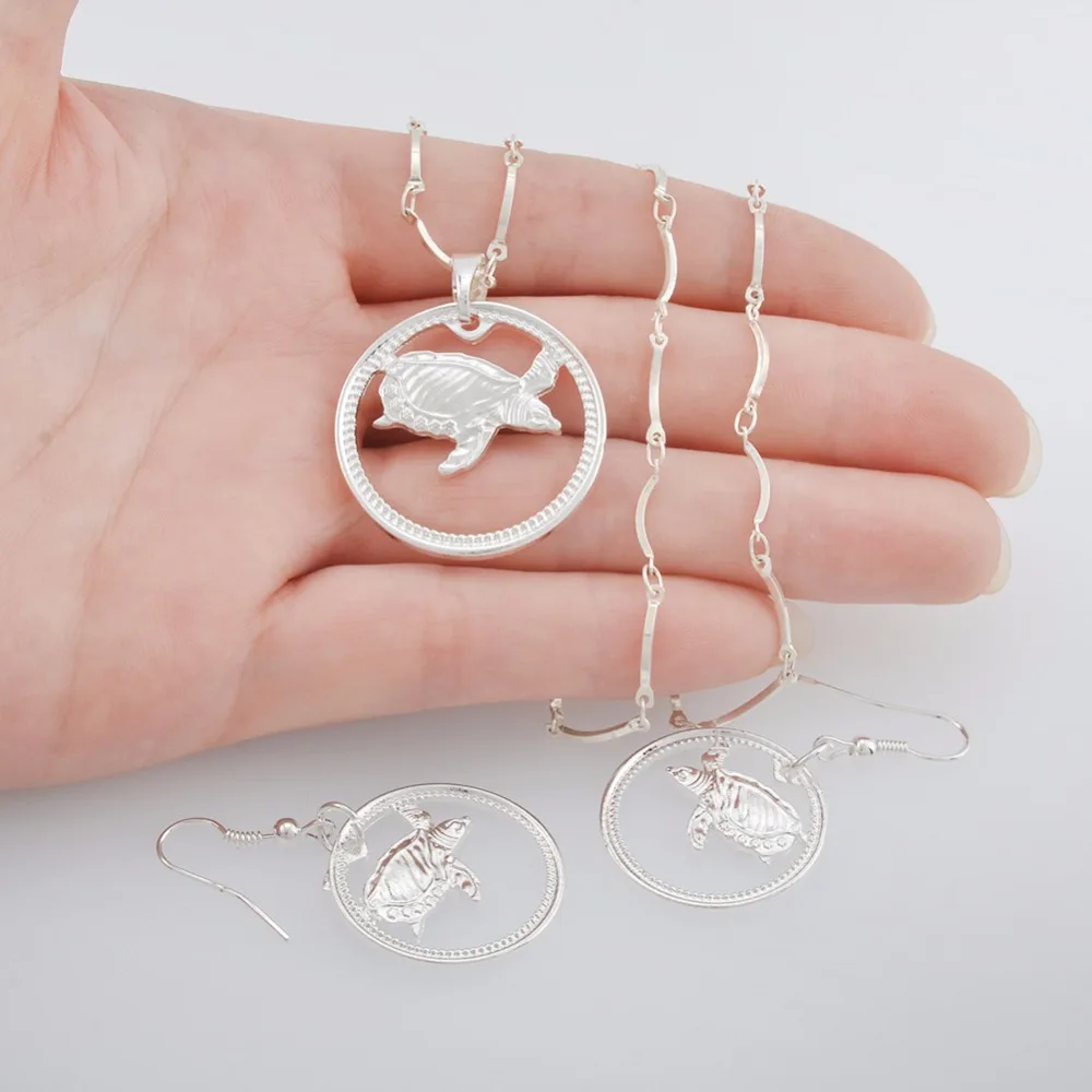 Anniyo Silver Color Tortoise Jewelry set Island Style Turtle Necklace Earrings PNG Animal Jewellery Gifts for Women #118906B | Украшения и