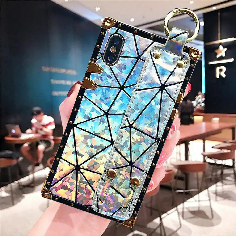 Diamond Black Роскошный квадратный чехол для багажника, милый чехол с ремешком на руку, подставка, держатель для телефона, чехол s для iPhone X XS Max XR 7 8 6 6s Plus - Цвет: Diamond Black
