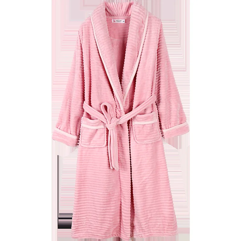 Pink Новинка, женский халат, теплый зимний фланелевый Халат, женский халат с отворотом, в полоску, с карманами, толстая Домашняя одежда, халат, купить, прямые поставки из Китая - Цвет: Pink