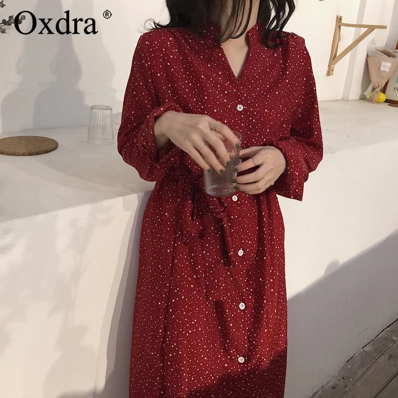 Oxdra стильные длинные рукава свободное с пояском платья весна осень v-образный