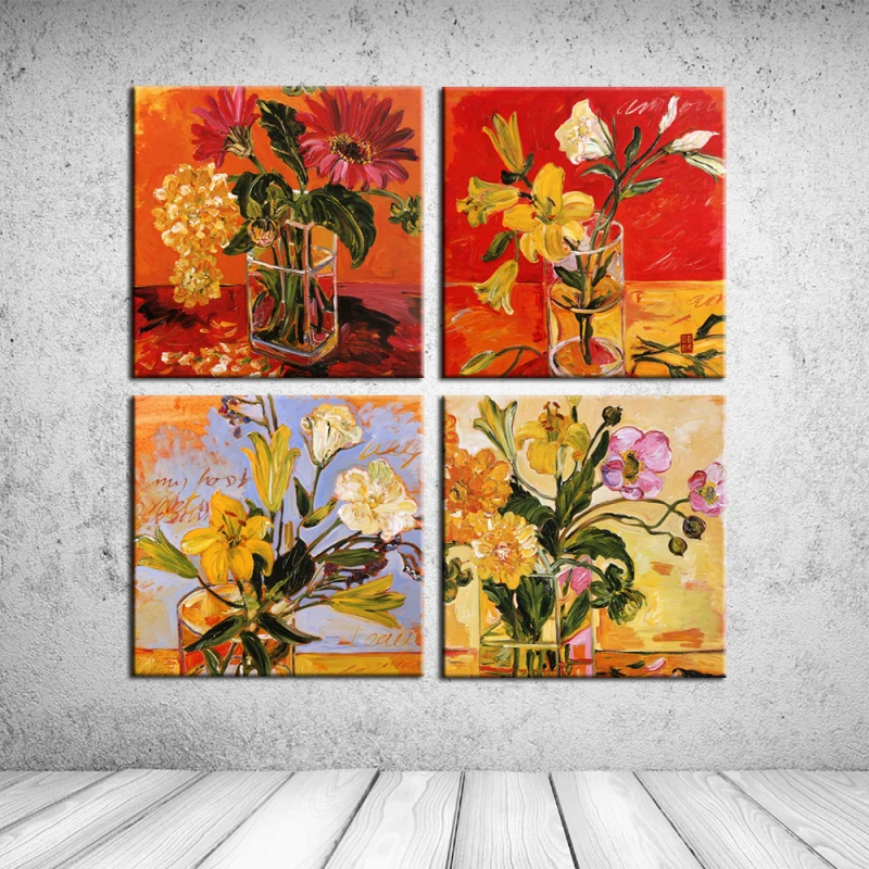 4 шт. картина маслом на холсте красивая ваза цветок современный плакат настенная
