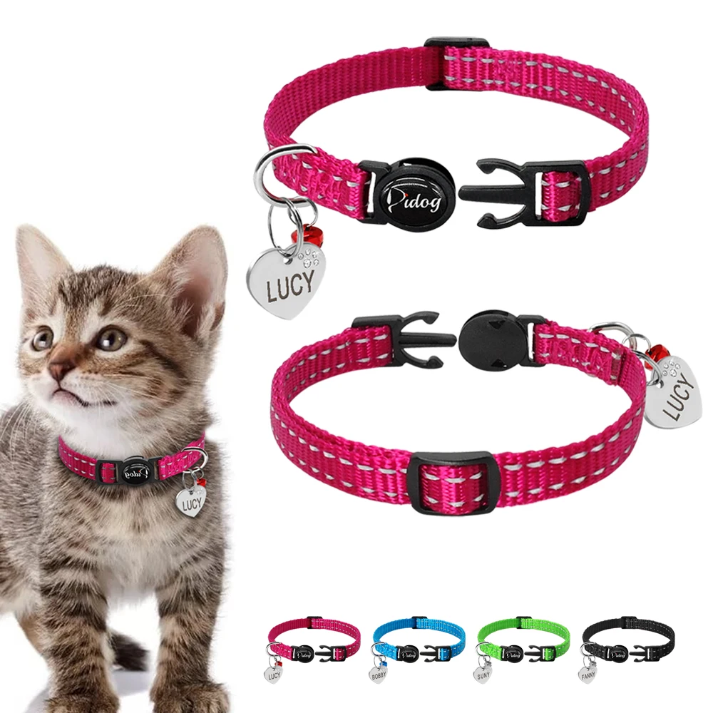 Didog Светоотражающий ошейник для котенка, кошки, быстросъемный ошейник, Заказные Выгравированные стразы, сердечко, ID тег для питомца, с колокольчиком для домашних животных, кошек