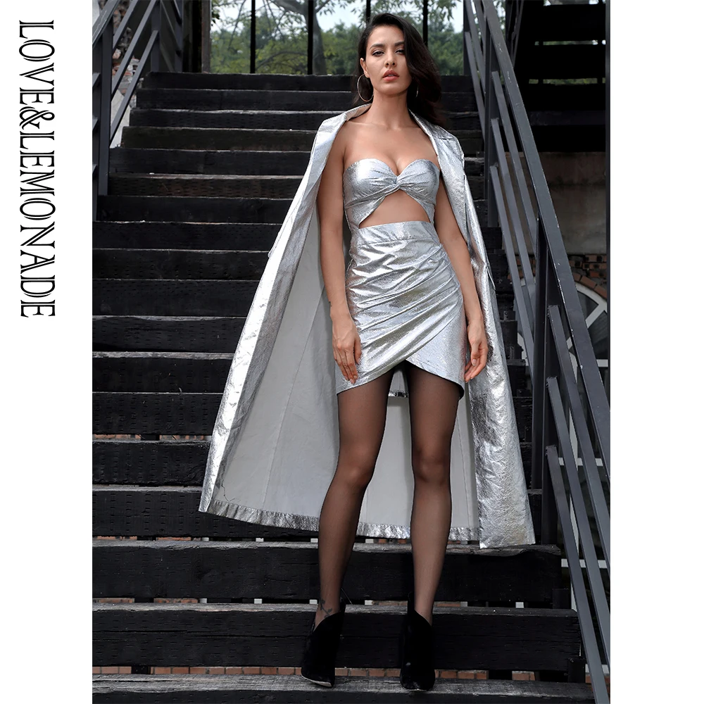 Женское вечернее платье LOVE & LEMONADE серебристое облегающее без бретелек из