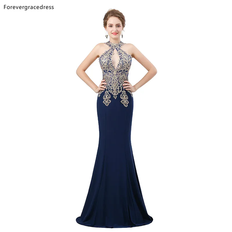 Женское вечернее платье без рукавов Forevergracedress темно синее с лямкой на шее большие